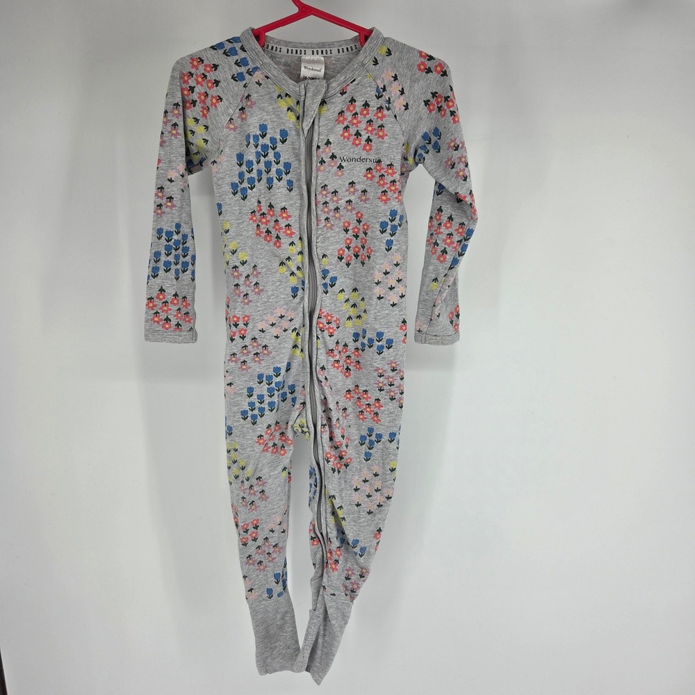 Girls Bonds Wondersuit Baby Pajamas 18-24 Months Gray Floral Zip Sleeper Size 2